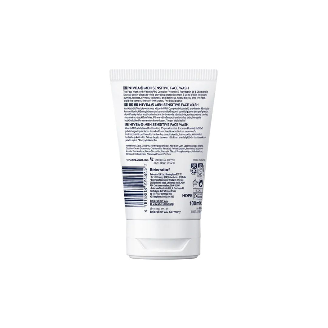 NIVEA MEN Sensitive Face Wash 100ml container (rear angle) on a white background