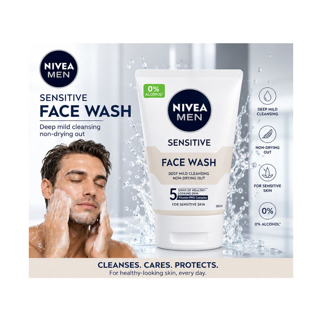 NIVEA MEN Sensitive Face Wash 100ml on a cream background