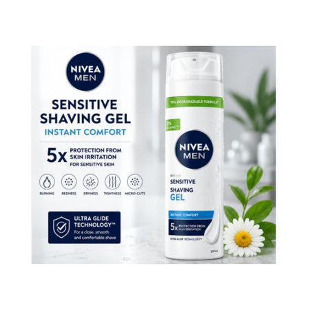 NIVEA Men Sensitive Shaving Gel 200ml promotional graphic on a white background