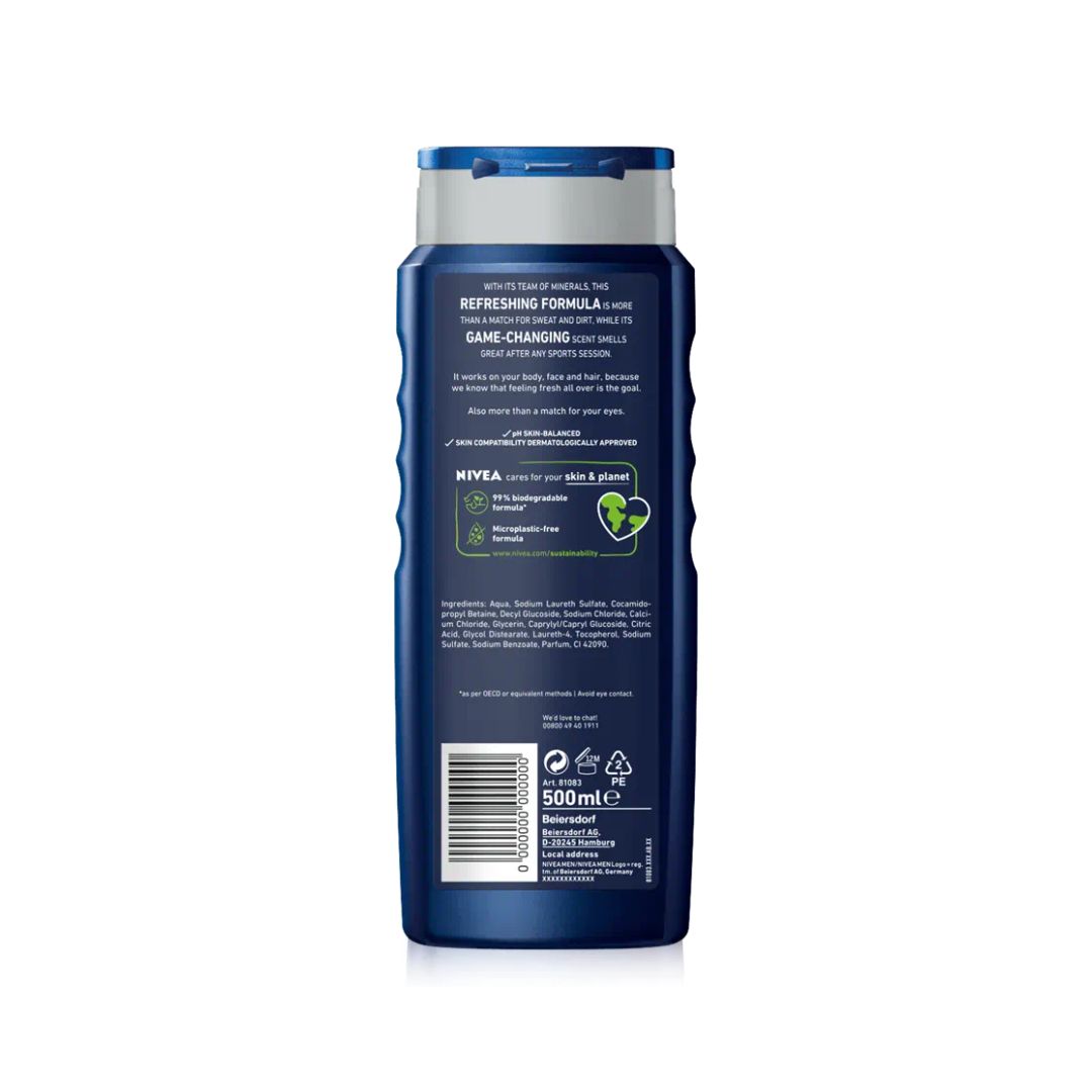 NIVEA MEN Sport 3-in-1 Shower Gel 500ml container (rear angle) on a white background