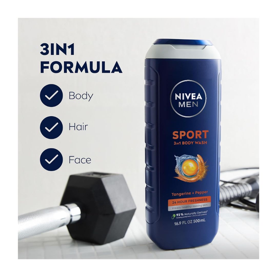 NIVEA MEN Sport 3-in-1 Shower Gel 500ml container in a gym setting with product uses on the left