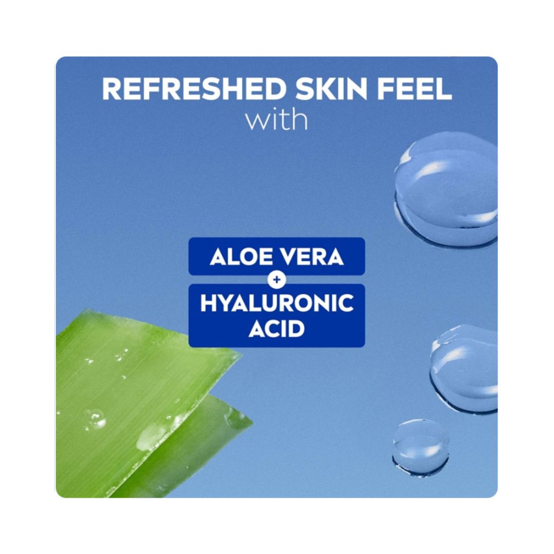 Nivea Refreshing Cleansing Face Wipes ingredient information graphic on a blue background with a stick of aloe vera