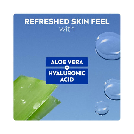 Nivea Refreshing Cleansing Face Wipes ingredient information graphic on a blue background with a stick of aloe vera