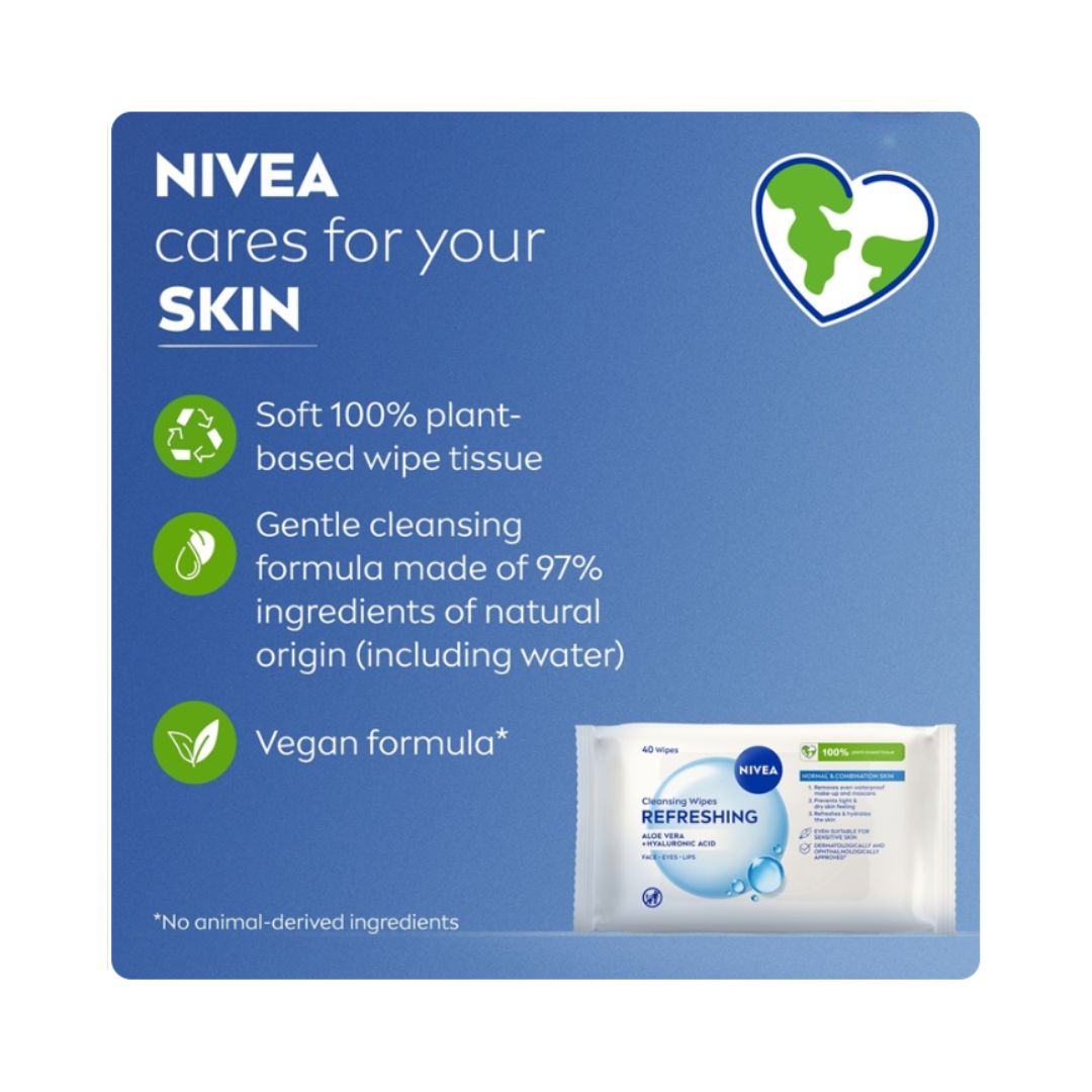 Nivea Refreshing Cleansing Face Wipes key product information graphic on a blue background