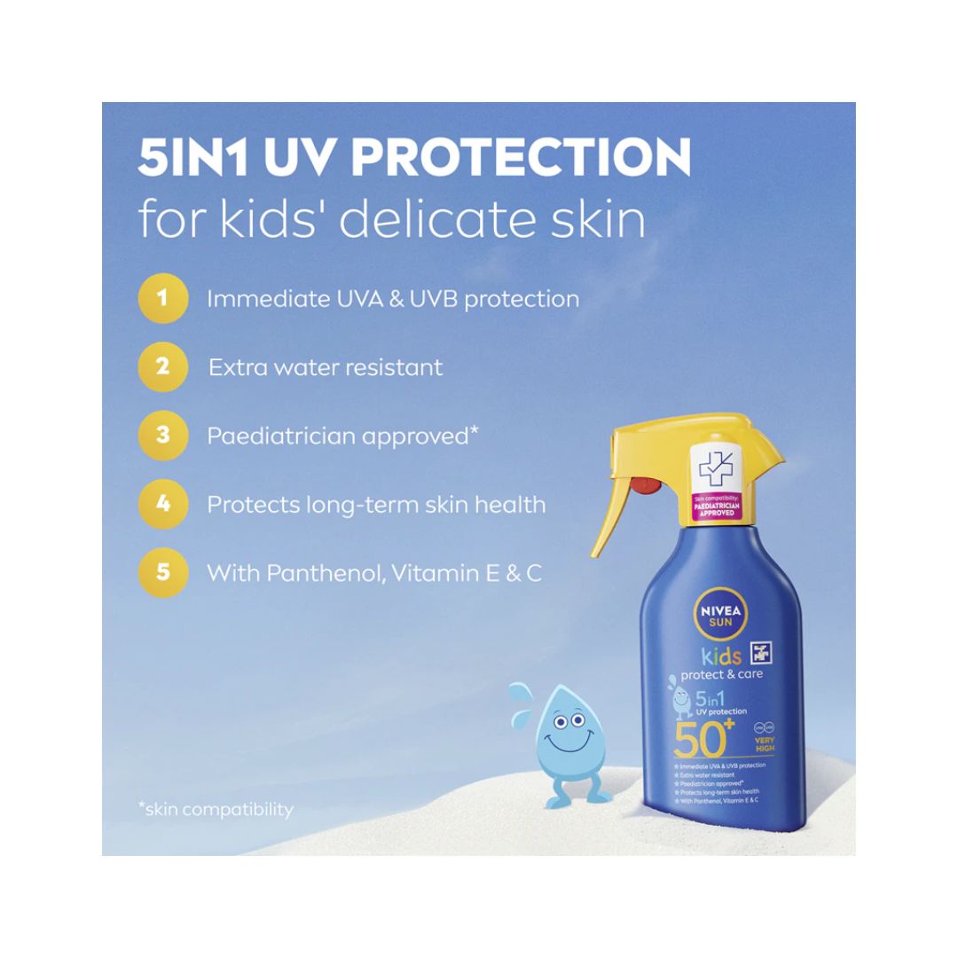 Nivea Kids 5-in-1 UV Protection spray sunscreen bottle on a light blue sky-themed background with product benefits listed on the left.