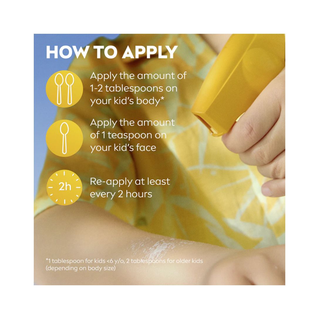 Instruction graphic showing how to apply a yellow ointment or cream. The image features a close-up of a hand holding a yellow bottle and applying a white cream to a child's arm and face.
