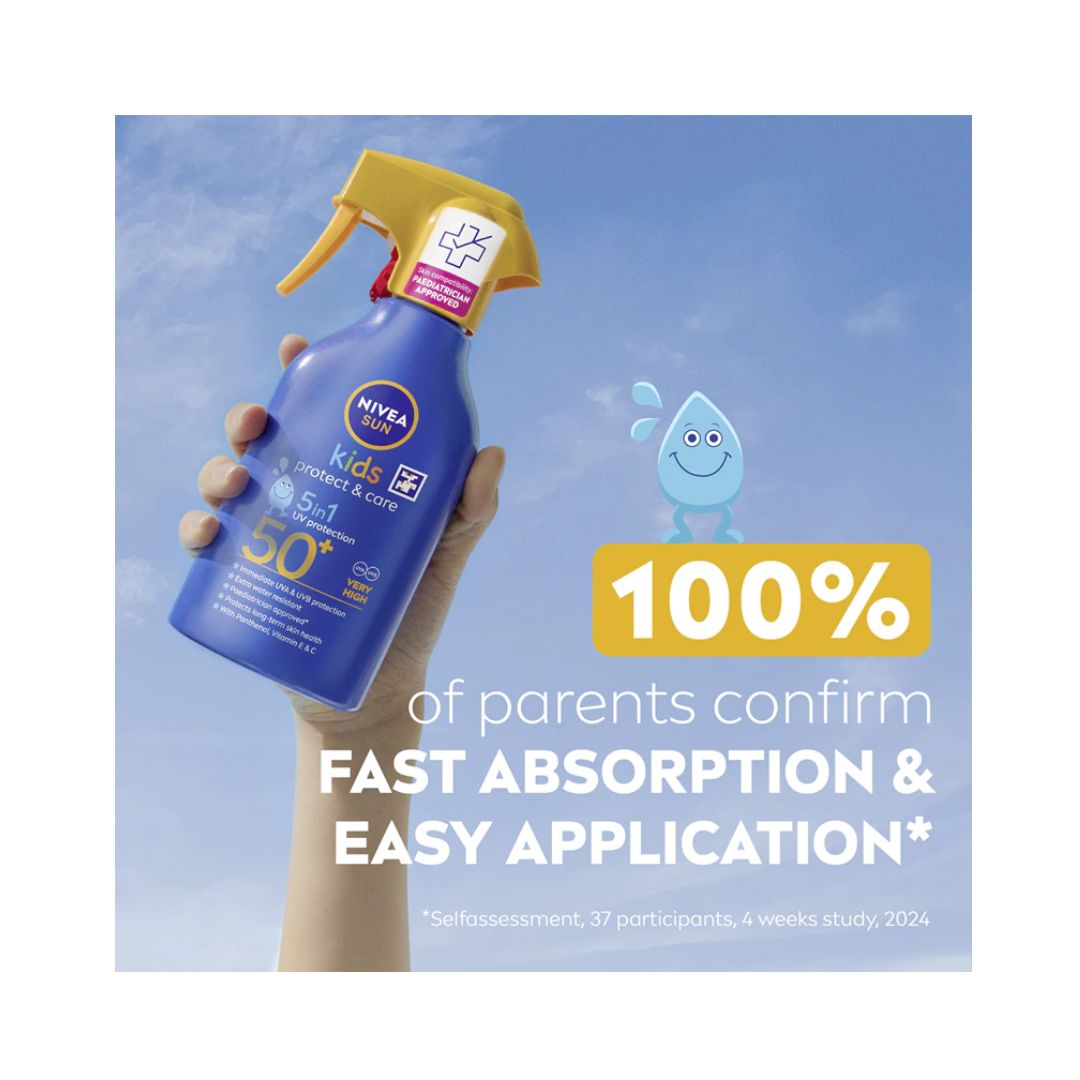 A hand holds a blue Nova Kids sunscreen spray bottle with a yellow trigger sprayer against a blue sky background. Promotional text reads '100% of parents confirm FAST ABSORPTION & EASY APPLICATION' with a small blue water-drop graphic.