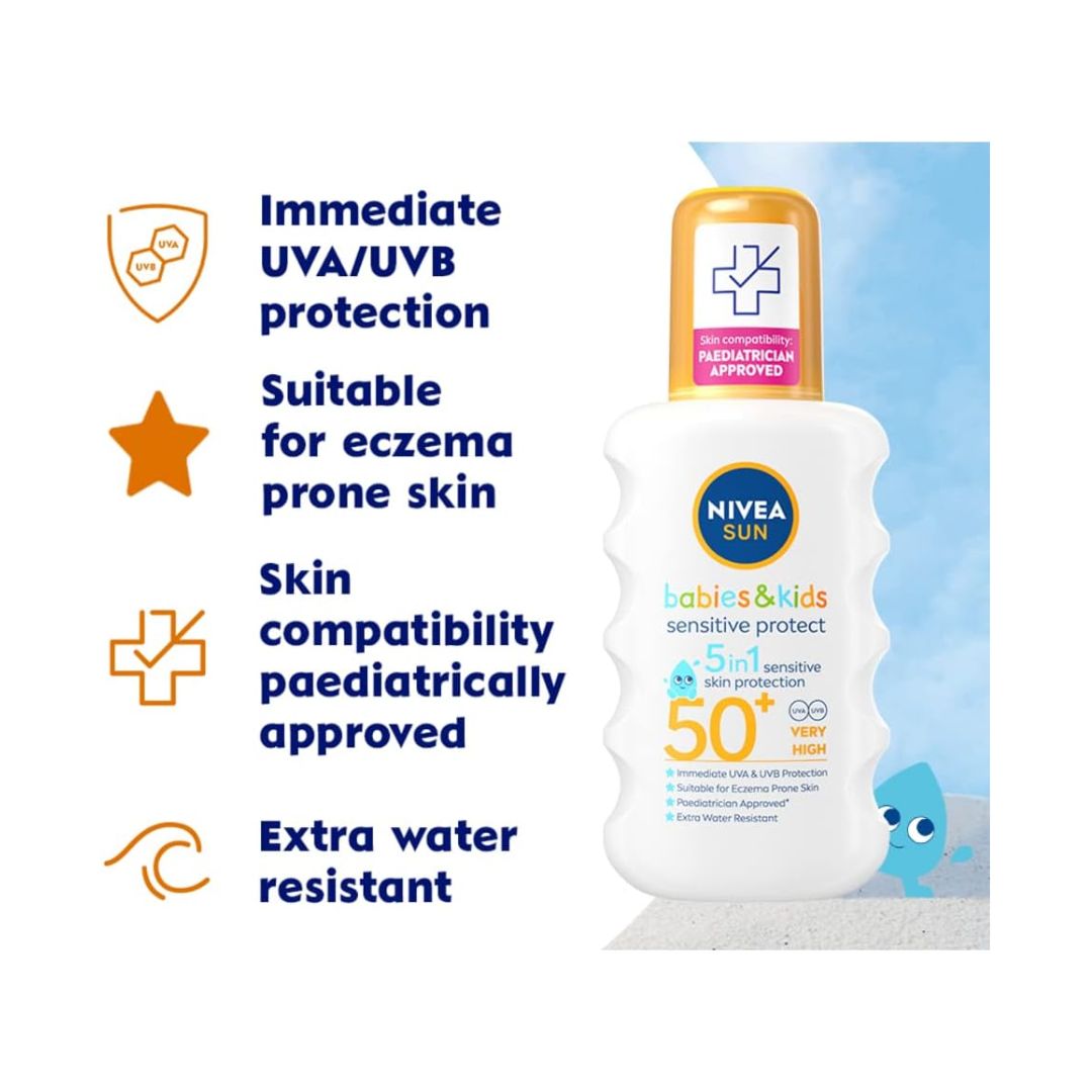 NIVEA Sun Babies & Kids Sensitive Protect Spray  product benefits graphic
