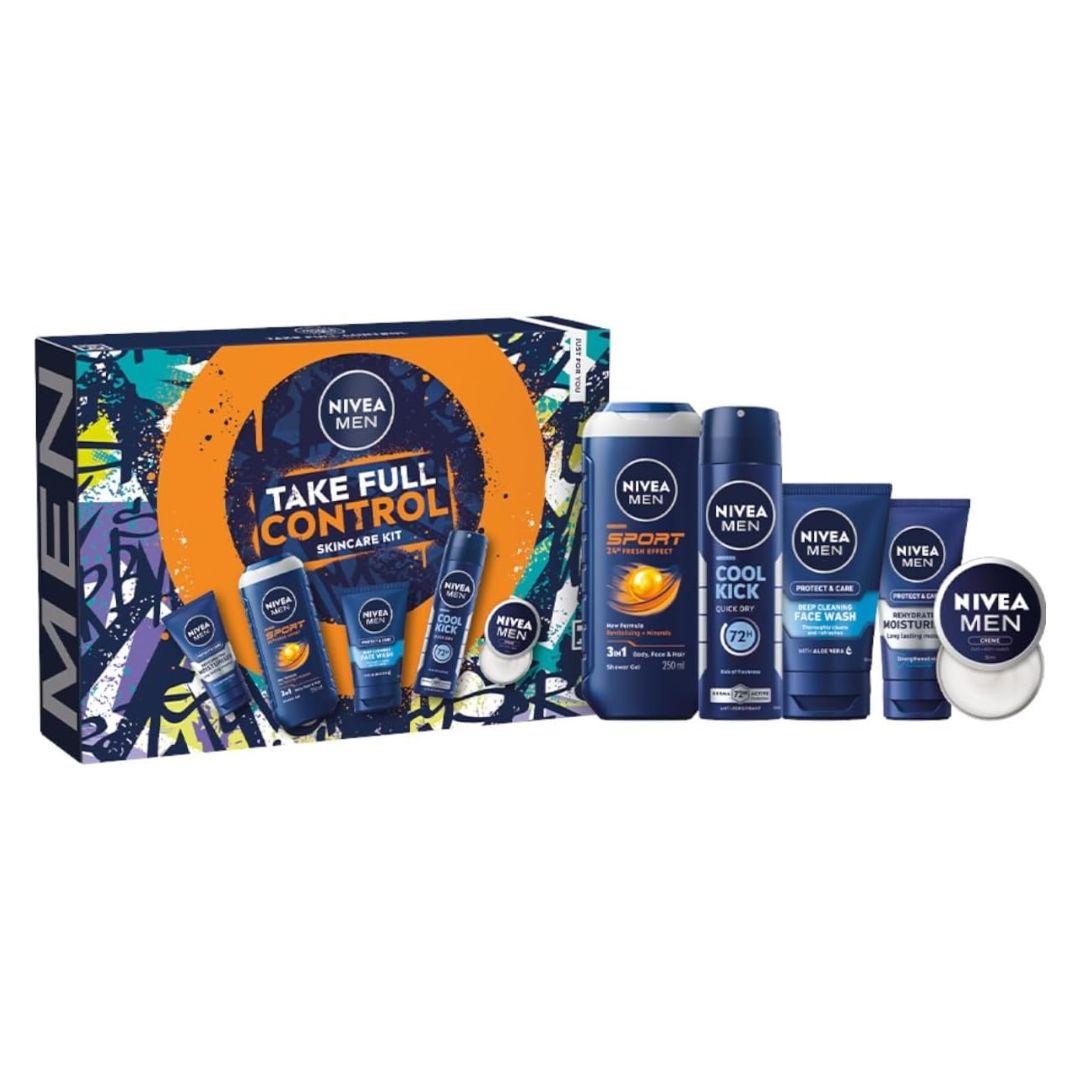Nivea Men Take Full Control Giftset packaging with all 5 products on a white background