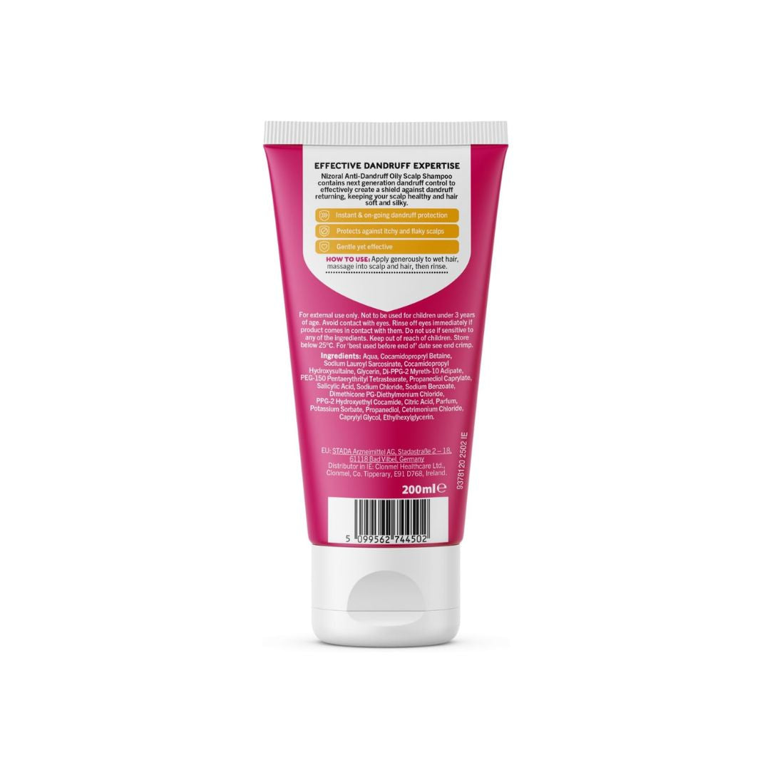 Nizoral Anti-Dandruff Oily Scalp Shampoo container (rear view) on a white background