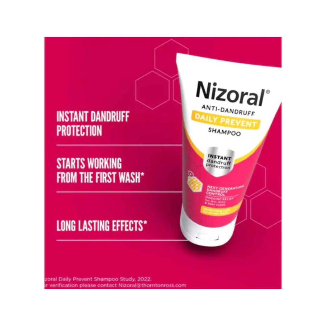 Nizoral Anti-Dandruff Oily Scalp Shampoo container on a red background with key benefits 