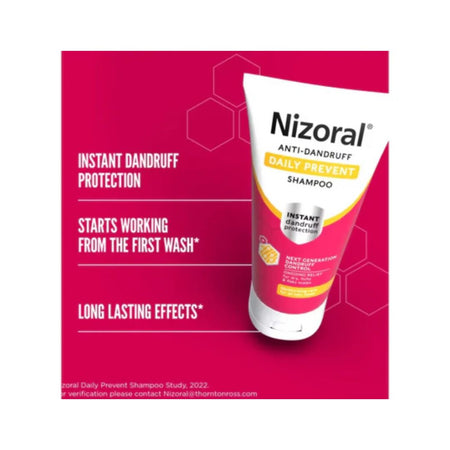 Nizoral Anti-Dandruff Oily Scalp Shampoo container on a red background with key benefits 