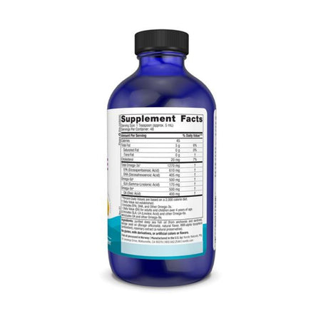 A blue plastic bottle of dietary supplements with a black cap, showing the Supplement Facts label on a white background.