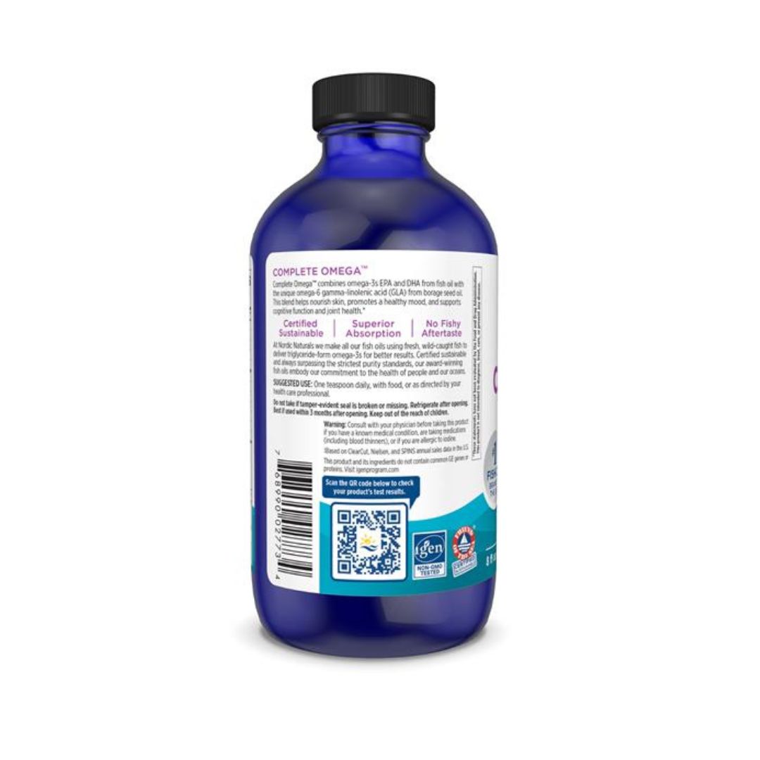 Blue bottle of marine supplement with a black cap, showing the back label with text, barcode, and QR code on a white background.