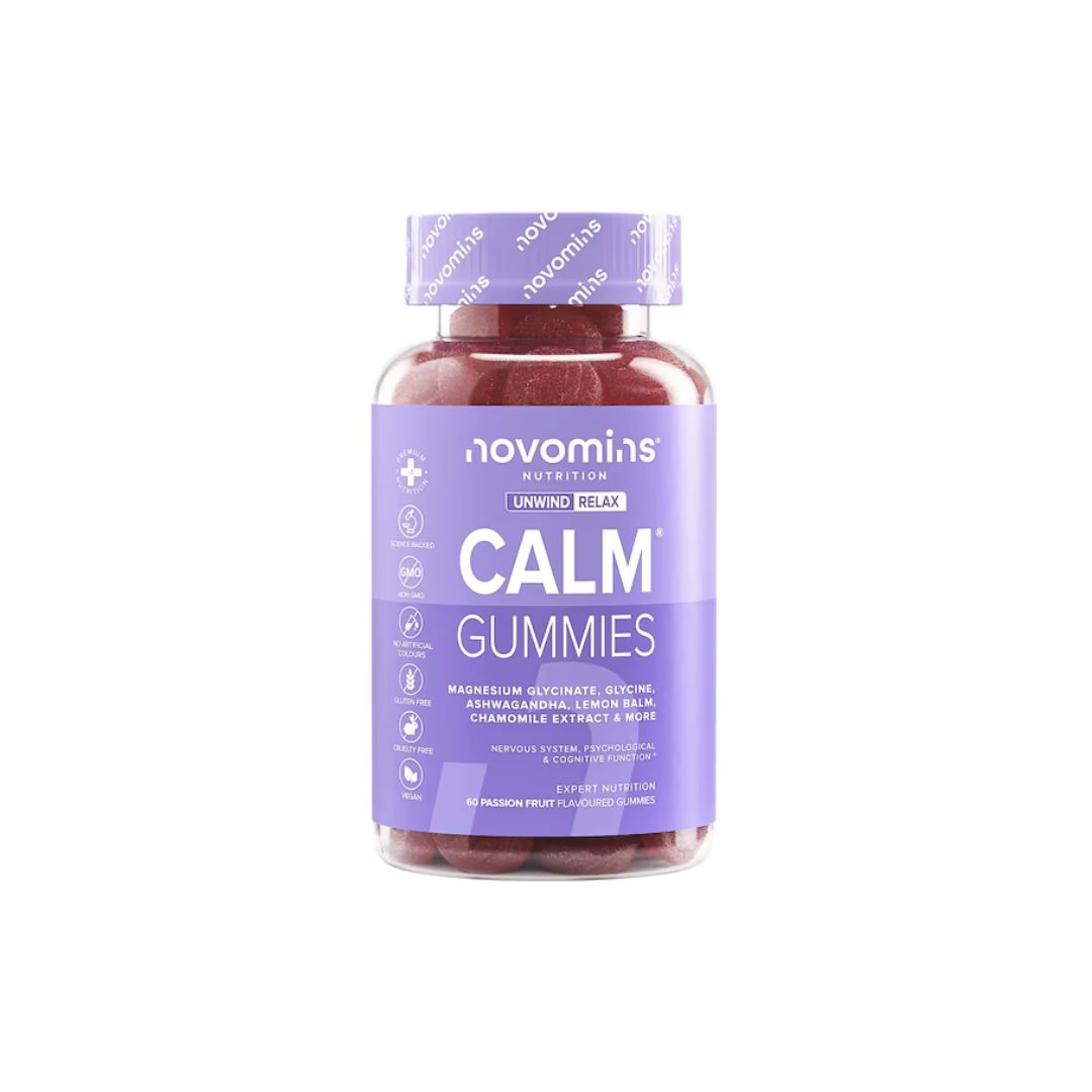 Novomins Calm Ashwagandha Gummies container (front angle) on a white background