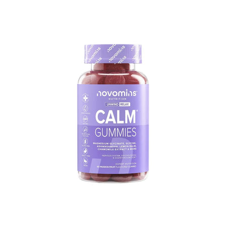 Novomins Calm Ashwagandha Gummies container (front angle) on a white background
