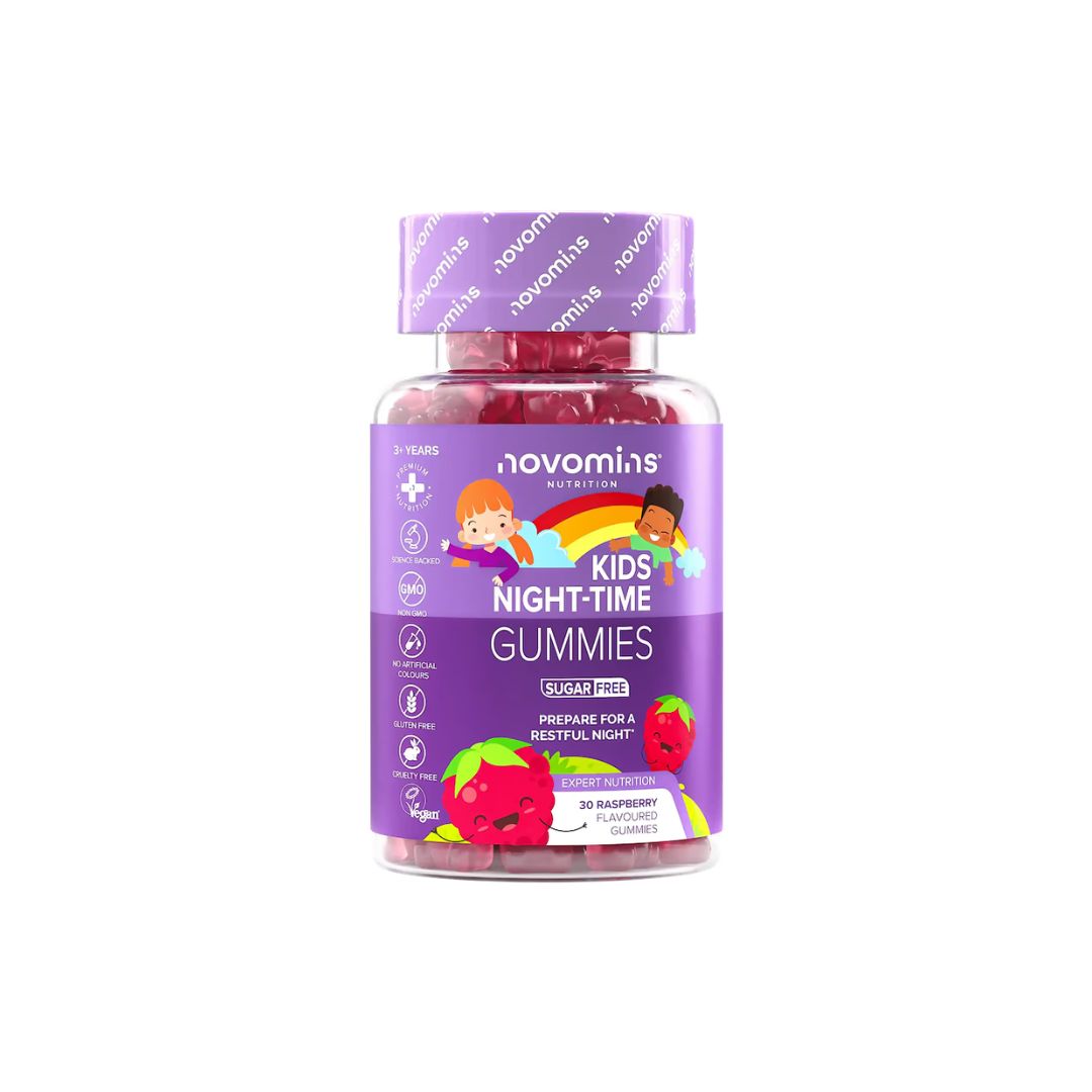 Novomins Kids Night-Time Raspberry Gummies container (front view) on a white background