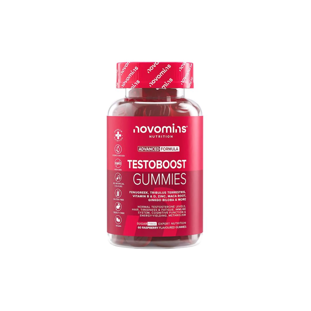 Novomins Testoboost Raspberry 60 Gummies container (front view) on a white background