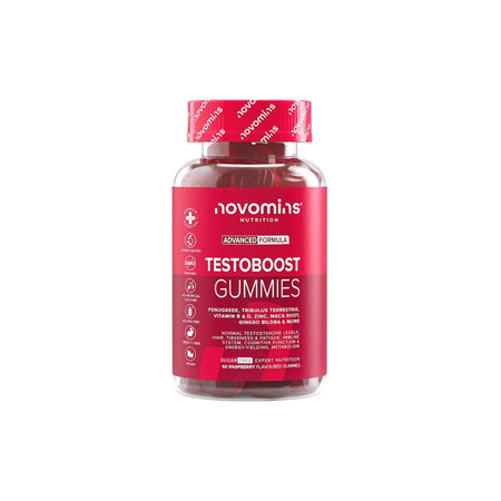 Novomins Testoboost Raspberry 60 Gummies container (front view) on a white background