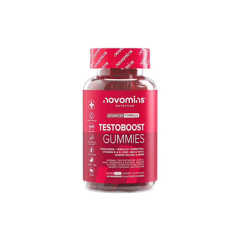 Novomins Testoboost Raspberry 60 Gummies container (front view) on a white background