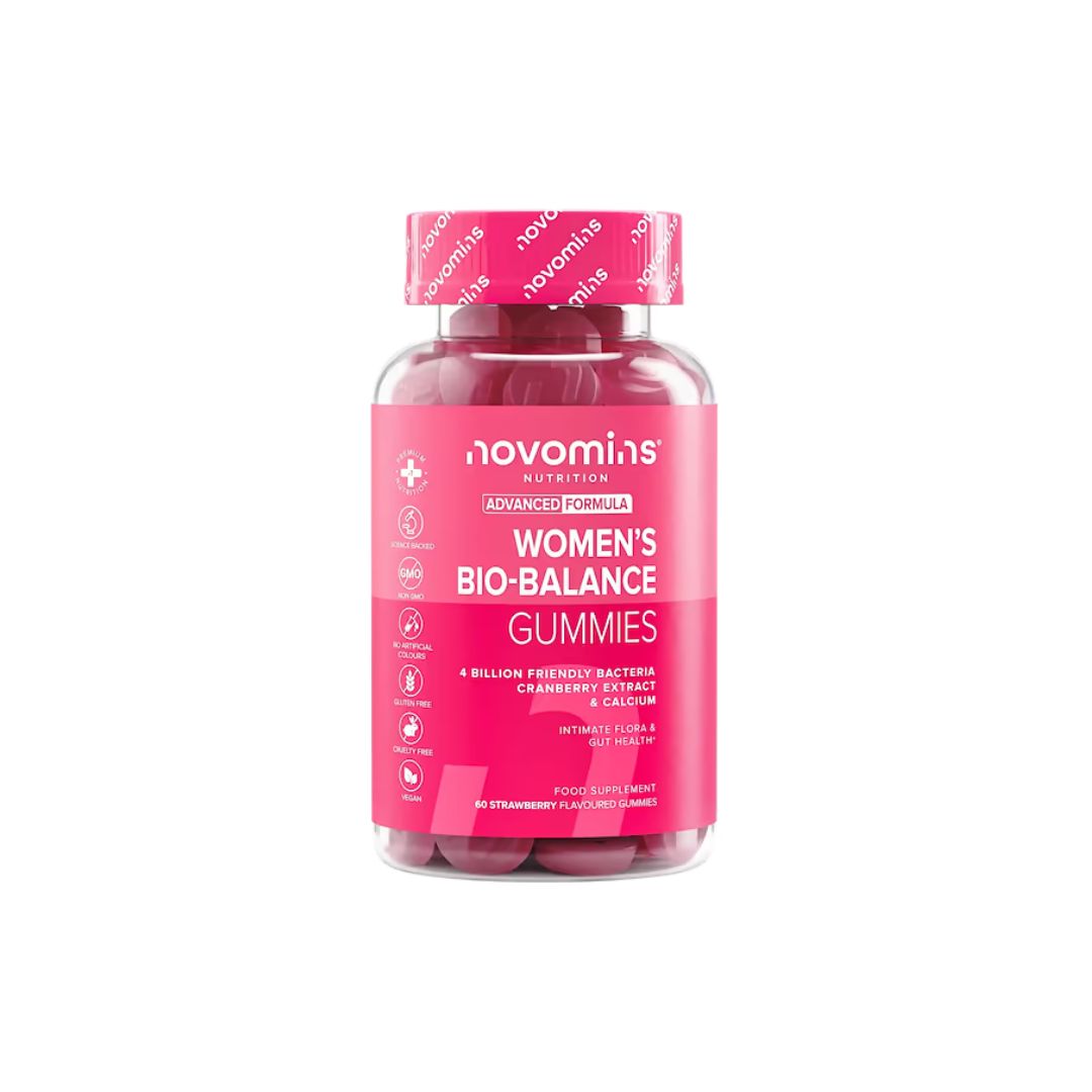 Novomins Women's Bio-Balance Raspberry 60 Gummies container on a white background