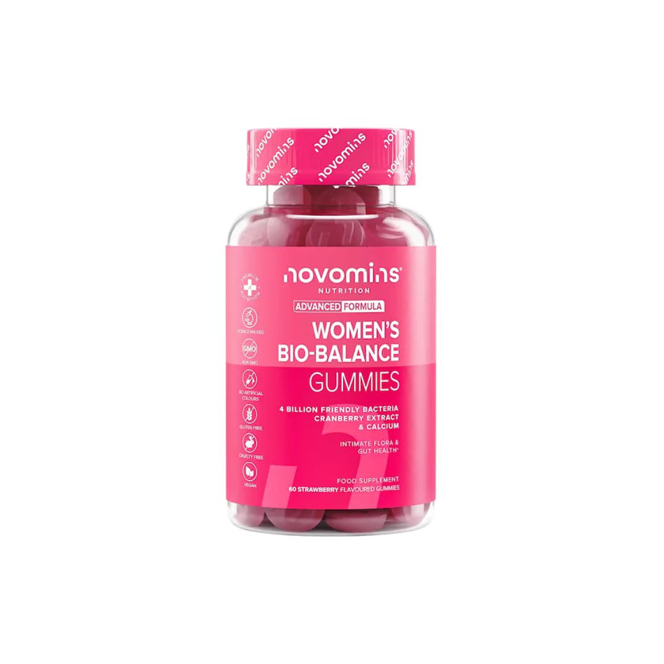 Novomins Women's Bio-Balance Raspberry 60 Gummies container on a white background
