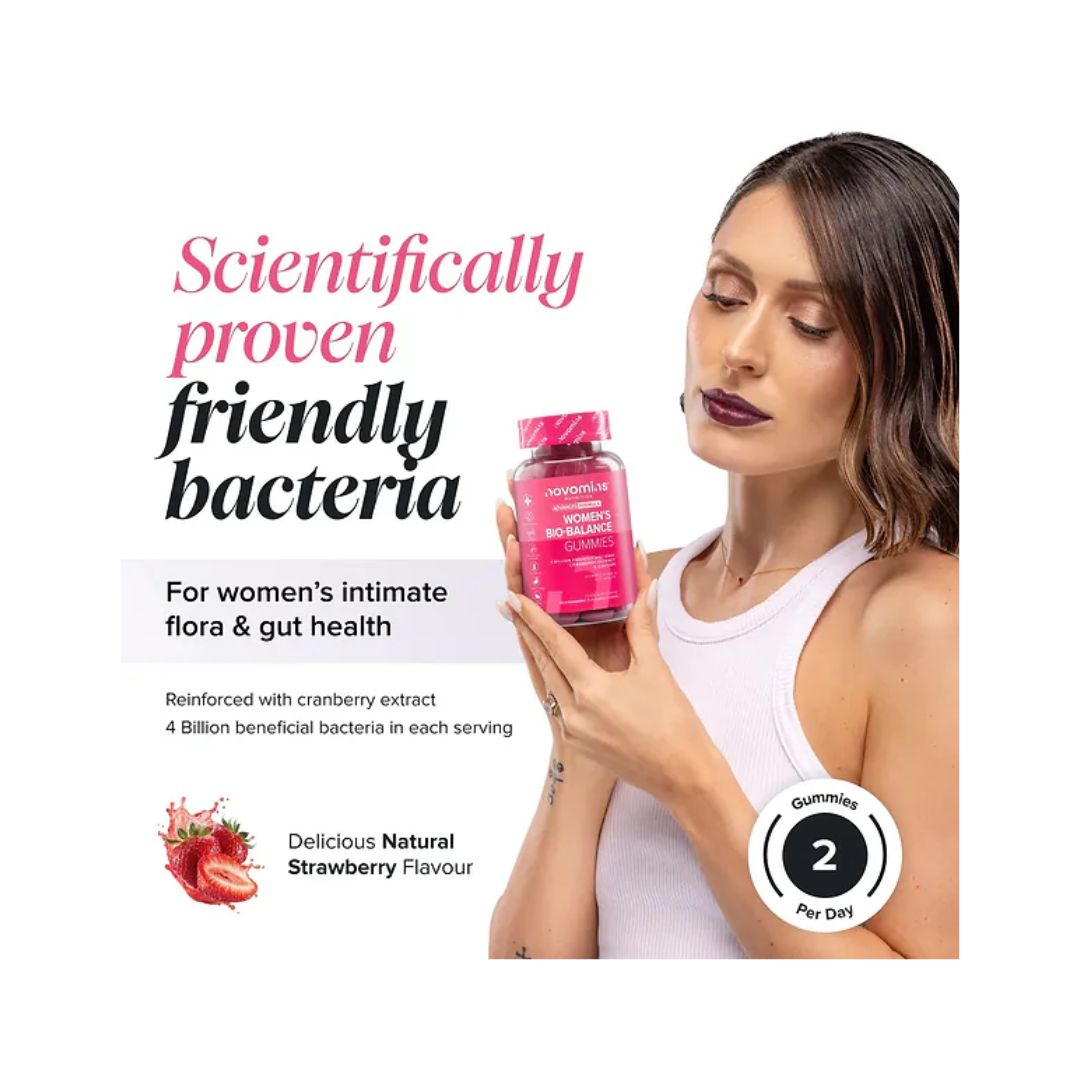 Novomins Women's Bio-Balance Raspberry 60 Gummies scientific information graphic