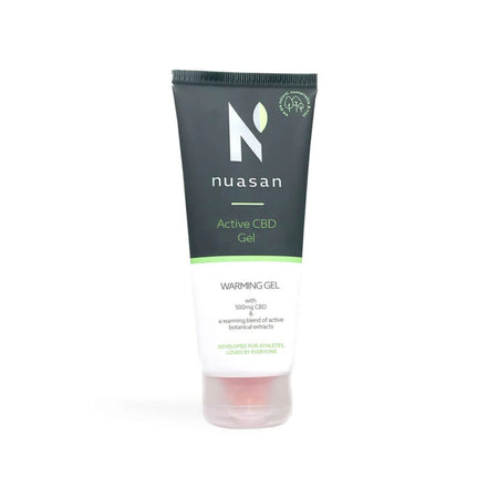 A squeeze tube of Nuasan Active CBD Gel with a dark green upper section and a white lower section, shown on a plain white background.