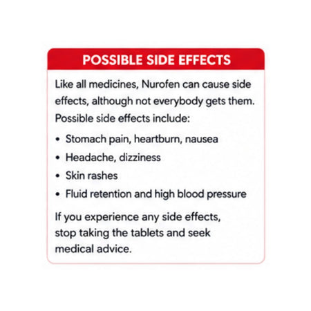 Nurofen 200mg 12 Coated Tablets 'POSSIBLE SIDE EFFECTS' graphic on a white background