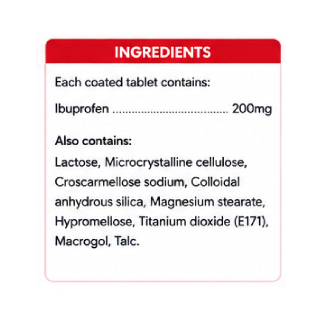 Nurofen 200mg 12 Coated Tablets Ingredients chart on a white background