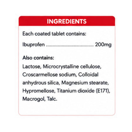 Nurofen 200mg 12 Coated Tablets Ingredients chart on a white background