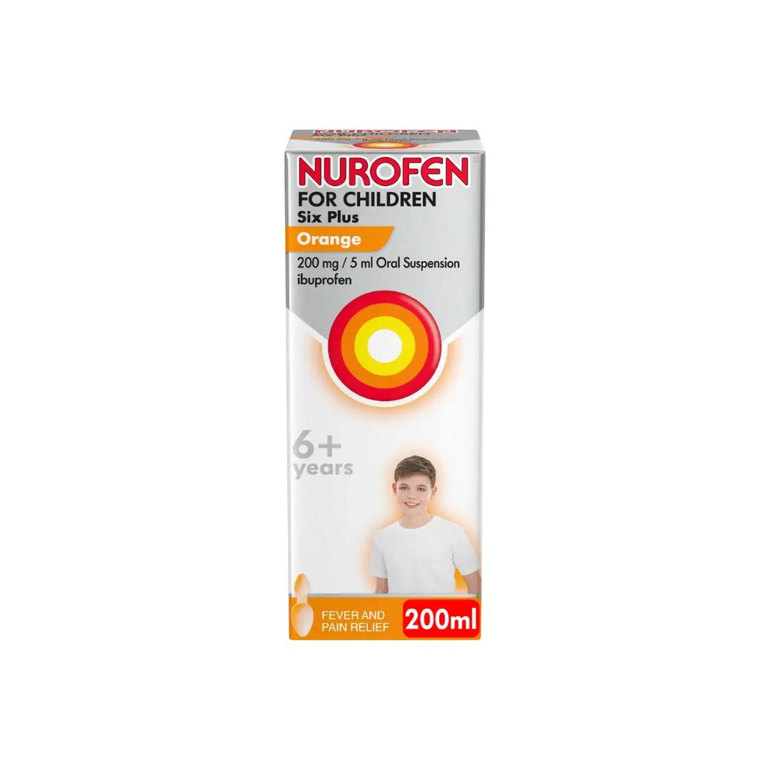 Nurofen Six Plus Orange 200ml packaging on a white background