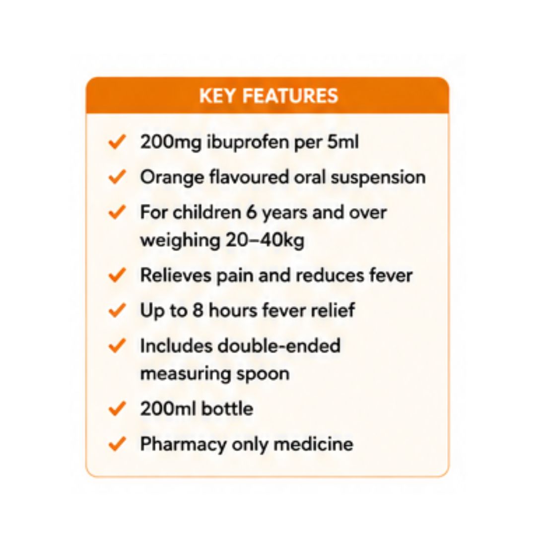 Nurofen Six Plus Orange 'KEY FEATURES' light orange graphic on a white background