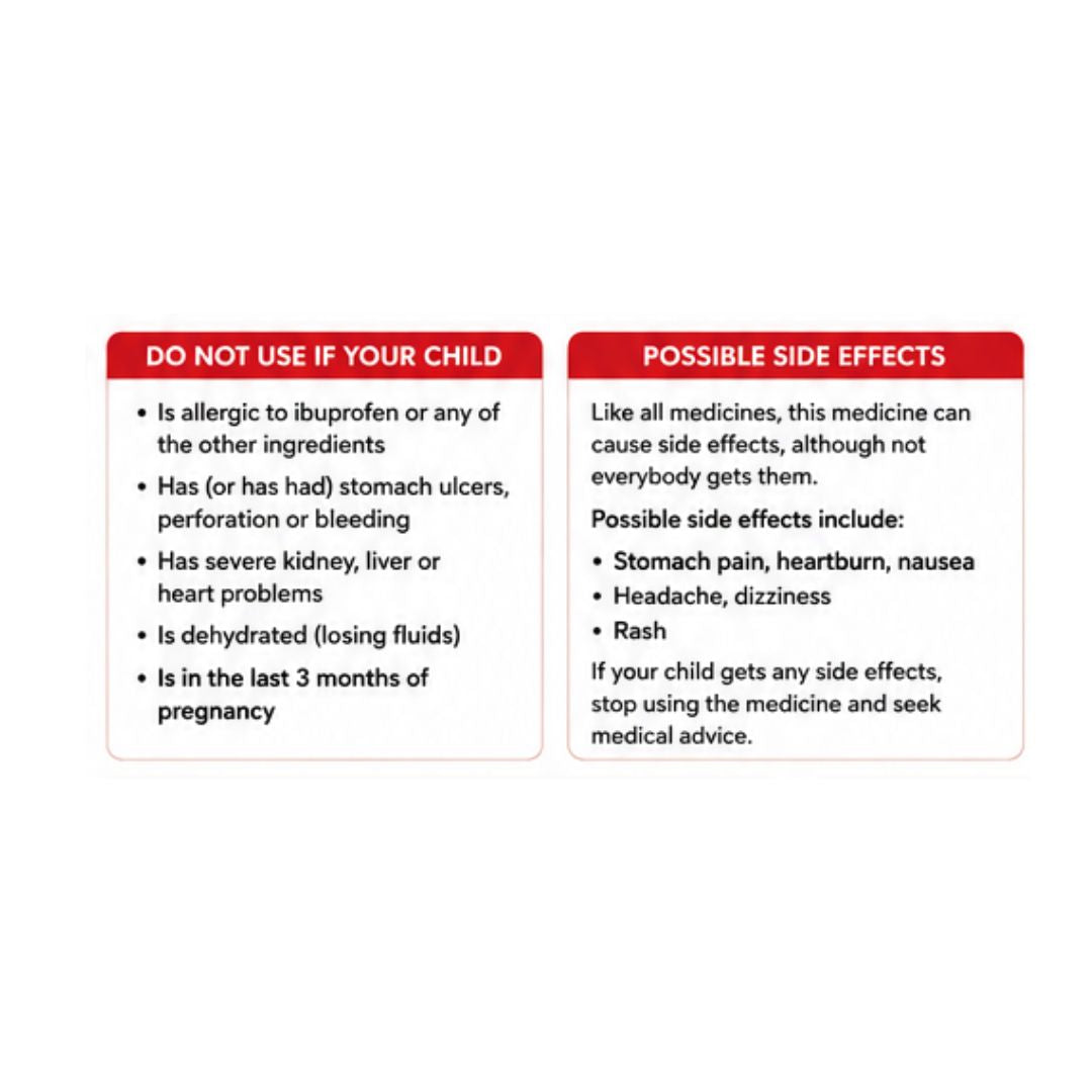 Nurofen Six Plus Orange 'DO NOT USE IF YOUR CHILD IS' graphic and 'POSSIBLE SIDE EFFECTS' on a white background