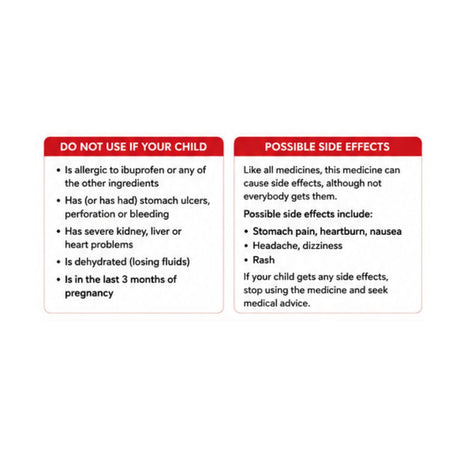 Nurofen Six Plus Orange 'DO NOT USE IF YOUR CHILD IS' graphic and 'POSSIBLE SIDE EFFECTS' on a white background