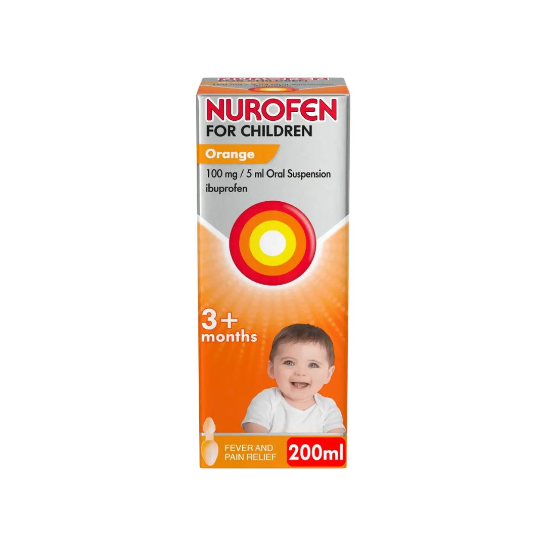 Nurofen for Children Orange Oral Suspension 100mg/5ml 200ml packaging on a white background