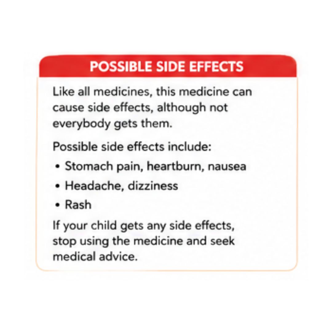 Nurofen for Children Orange Oral Suspension 100mg/5ml 'POSSIBLE SIDE EFFECTS' graphic on a white background
