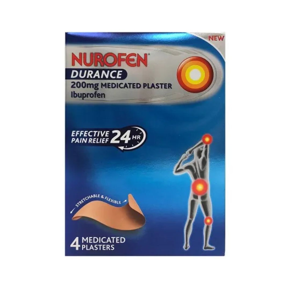 Nurofen Durance 200mg Medicated Plaster Ibuprofen box, containing 4 stretchable and flexible pain-relief plasters, shown on a plain white background.