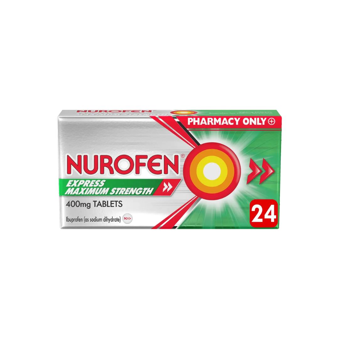 Nurofen Express Maximum Strength 400mg 24 Tablets  packaging on a white background