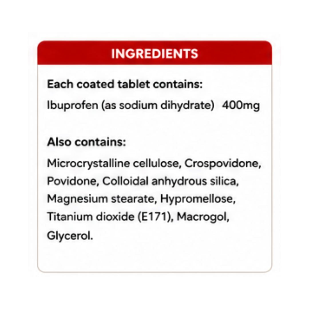 Nurofen Express Maximum Strength 400mg 'INGREDIENTS' graphic on a white background