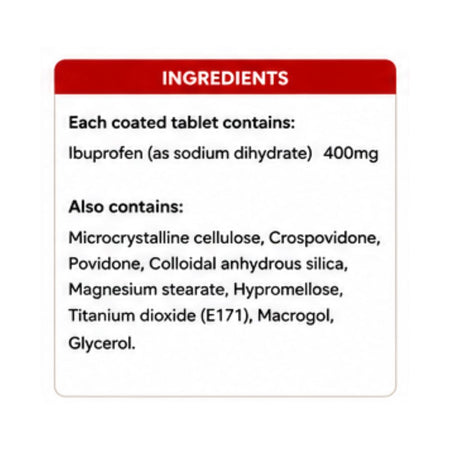 Nurofen Express Maximum Strength 400mg 'INGREDIENTS' graphic on a white background