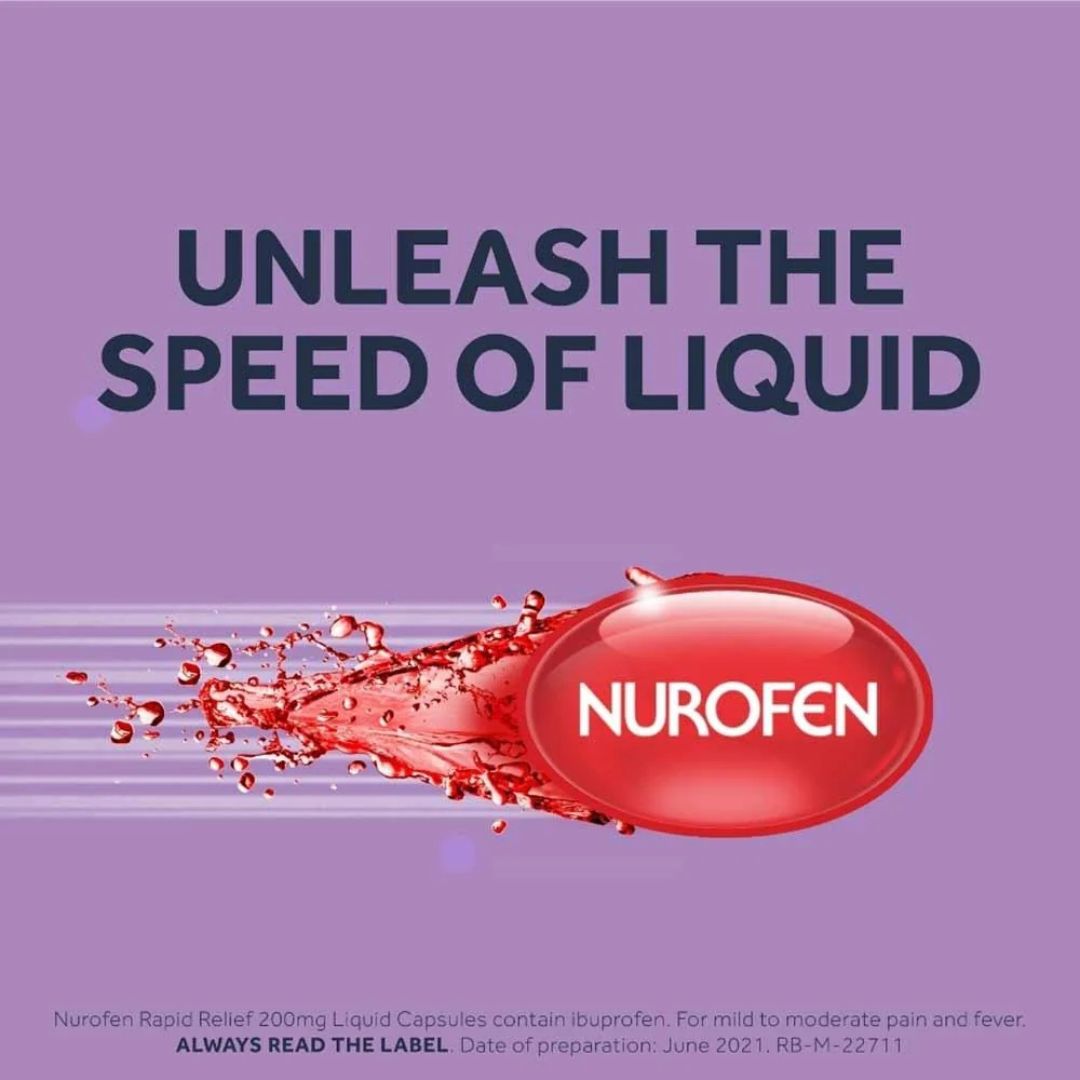 Nurofen advertisement with a red capsule and liquid splash on a purple background