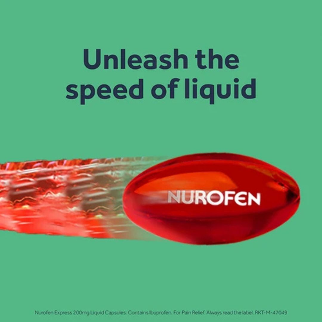 A green promotional graphic with the text 'Unleash the speed of liquid' above a glossy red Nurofen capsule in motion, with a blurred red streak behind it.