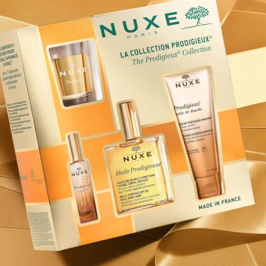 NUXE Paris The Prodigieux Collection Gift Set on a golden background