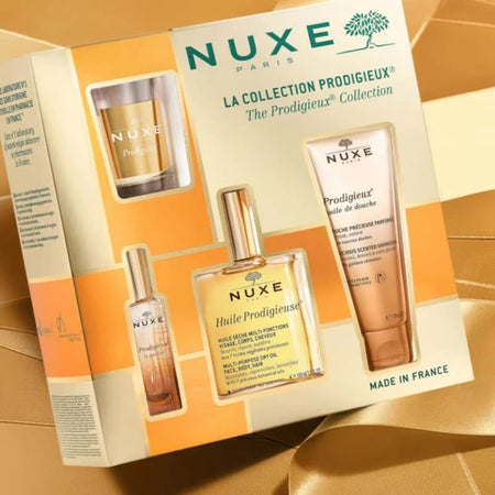 NUXE Paris The Prodigieux Collection Gift Set on a golden background