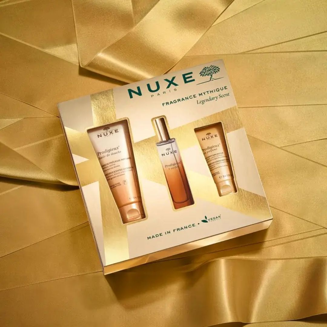 NUXE Paris Fragrance Mythique Gift Set on a golden background
