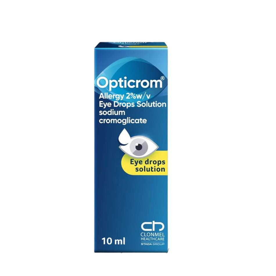 Opticrom allergy eye drops solution packaging on a white background