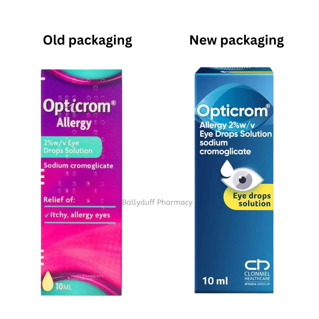 Comparison of Opticrom Allergy eye drops packaging, old and new versions.