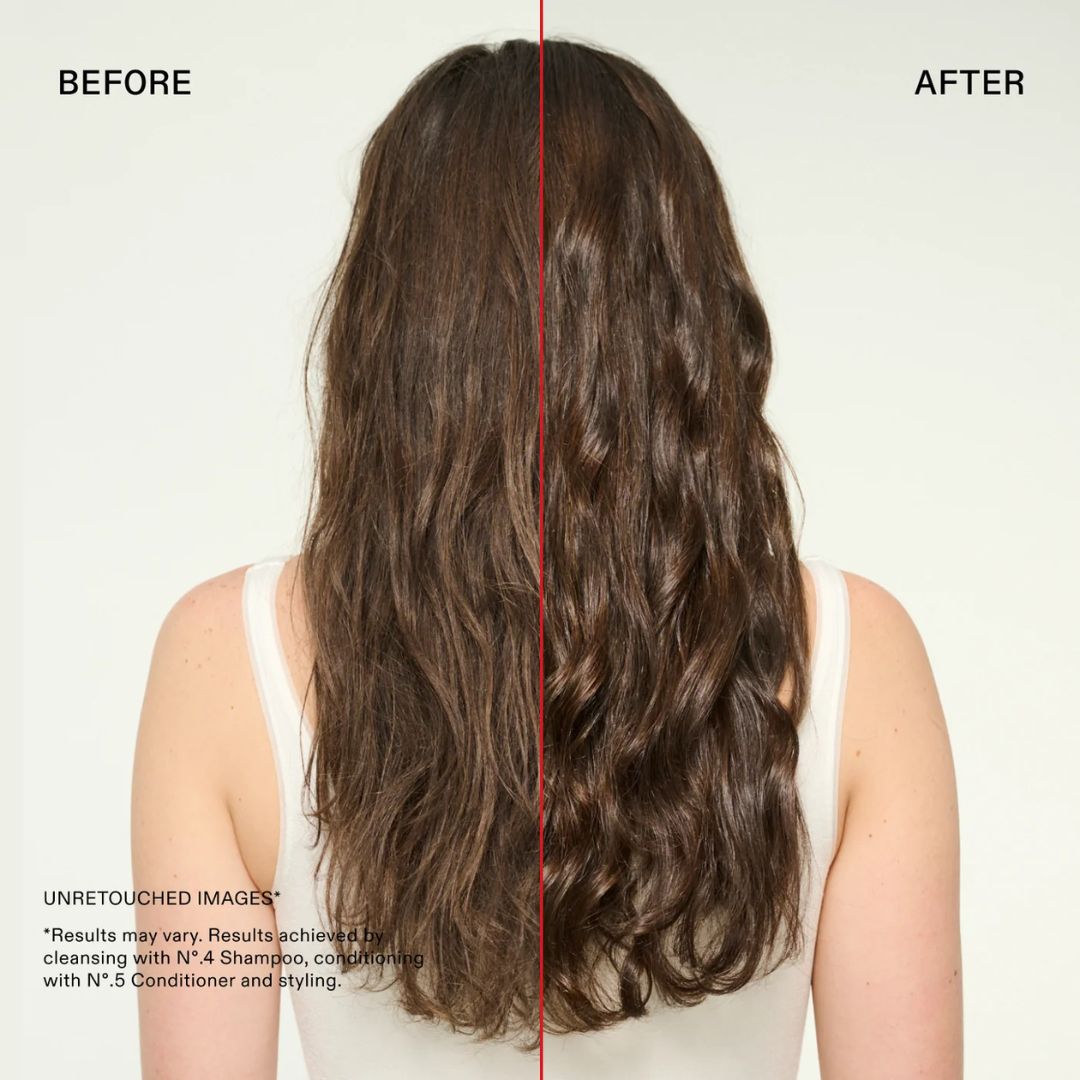 Before and after hair comparison photo showing a woman from the back with long, wavy brown hair. The left side is labeled BEFORE and shows drier, less voluminous hair, while the right side is labeled AFTER and shows smoother, more styled hair.