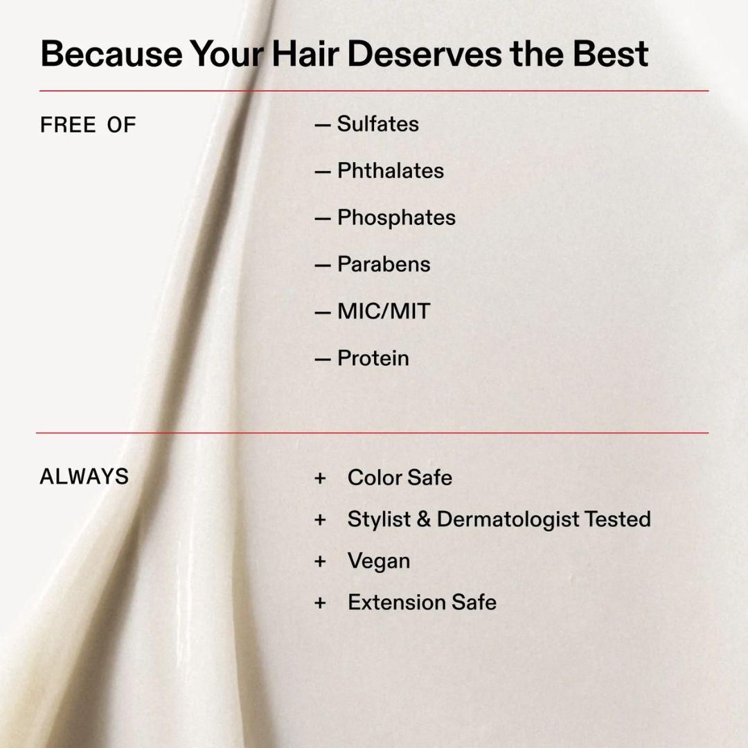 Olaplex No. 5 Bond Mainteance Conditioner - A text-heavy promotional graphic with the headline 'Because Your Hair Deserves the Best' on a warm off-white background with a soft diagonal beige fold. The left side lists 'FREE OF' ingredients including sulfates, phthalates, phosphates, parabens, MIC/MIT, and protein, while the right side lists 'ALWAYS' benefits including color safe, stylist and dermatologist tested, vegan, and extension safe.